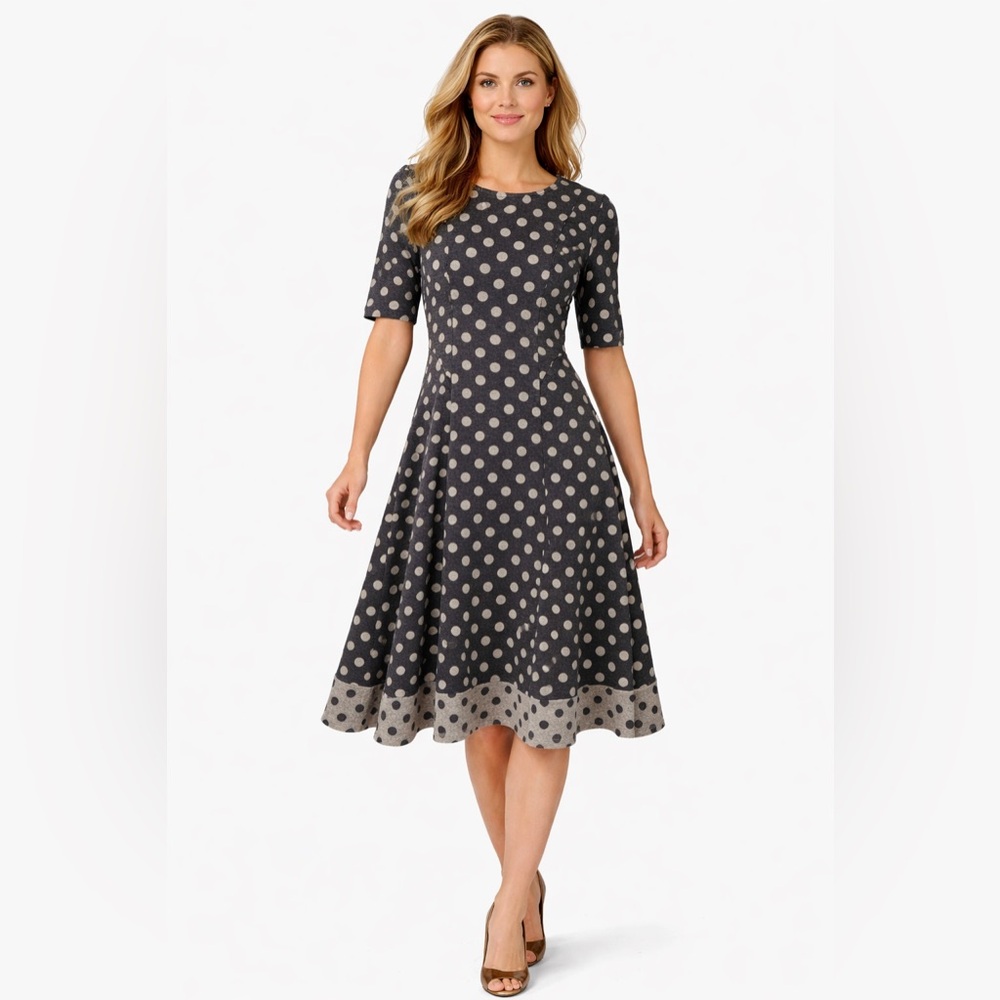 Robbie Bee Size Small Black/Beige Polka Dot A-Line Dress Knee Length
